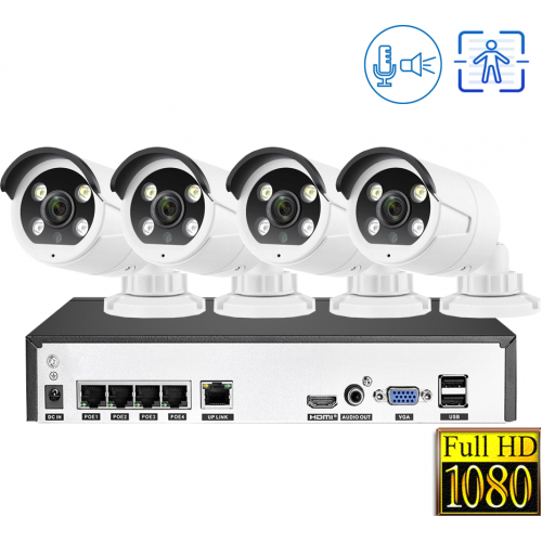 Готовый IP комплект видеонаблюдения на 4 камеры 2Mp FullHD 1080p 2-way audio